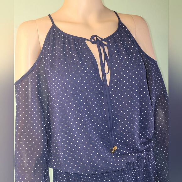 Michael Michael Kors Womens Dark Blue Spotted Pleated Midi Cold Shoulder Dress M - Picture 4 of 6